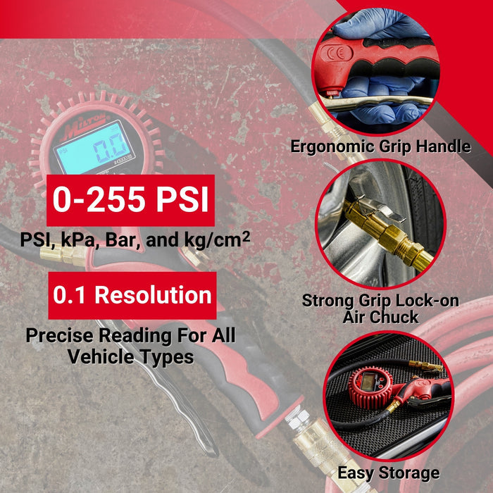 Heavy-Duty Digital Tire Inflator and Air Pressure Gauge, Clip-on Chuck, 1/4" NPT, 20" Rubber Hose, 0-255 PSI