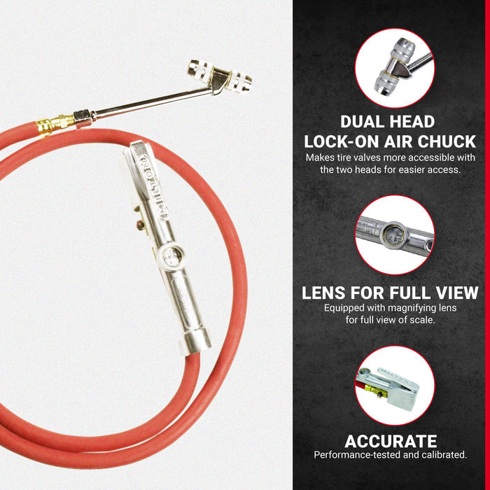 Heavy-Duty Truck Tire Inflator Gauge w/5' Air Hose, Dual Head Chuck, Full Swivel, 1/4" NPT