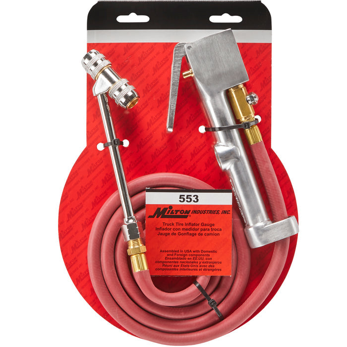 Heavy-Duty Truck Tire Inflator Gauge w/5' Air Hose, Dual Head Chuck, Full Swivel, 1/4" NPT