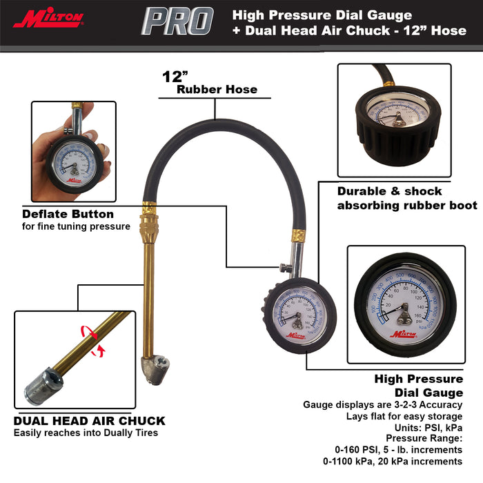 High Pressure Dial Tire Pressure Gauge - Dual Head Air Chuck, 12" Hose