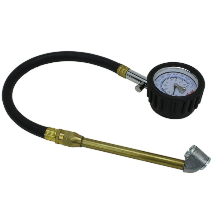High Pressure Dial Tire Pressure Gauge - Dual Head Air Chuck, 12" Hose