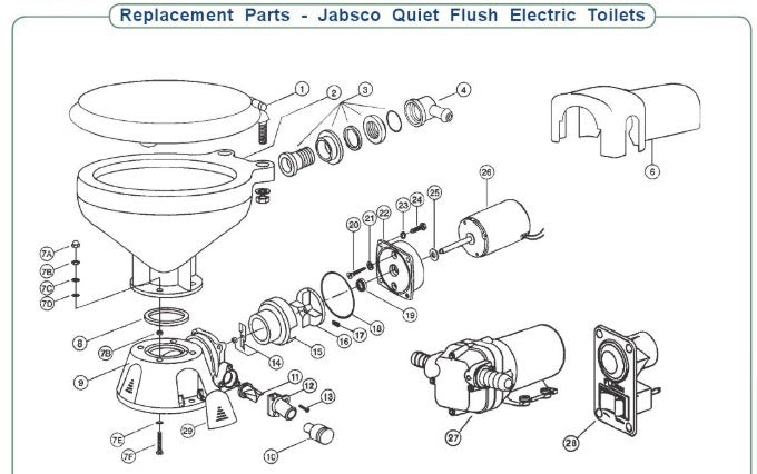 JABSCO QUIET FLUSH ELECTRIC TOILET - REPLACEMENT PARTS - Bosuns Boat