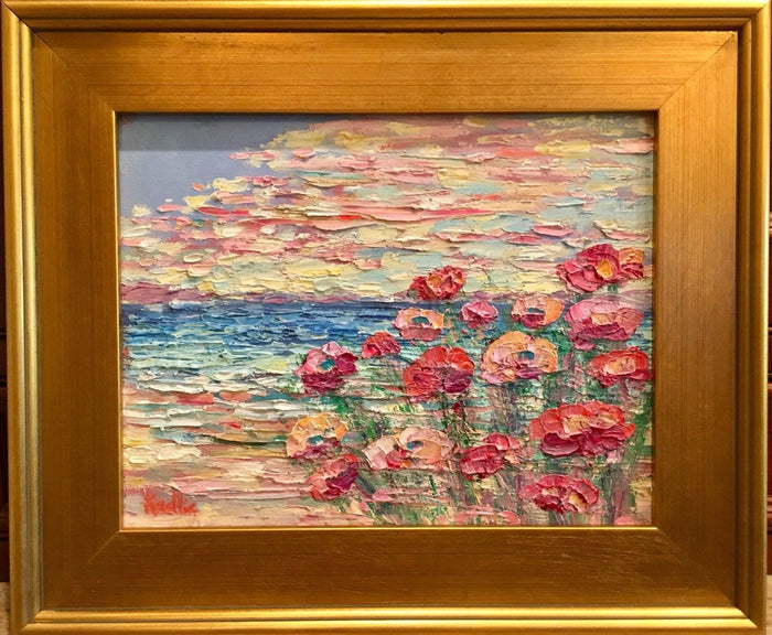 KADLIC Abstract Beach Seascape Original Oil Painting 15x17" Gold Gilt Frame