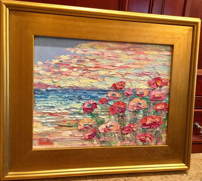 KADLIC Abstract Beach Seascape Original Oil Painting 15x17" Gold Gilt Frame