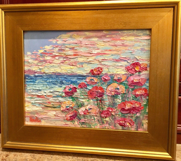 KADLIC Abstract Beach Seascape Original Oil Painting 15x17" Gold Gilt Frame