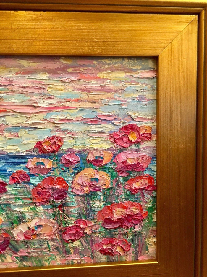 KADLIC Abstract Beach Seascape Original Oil Painting 15x17" Gold Gilt Frame