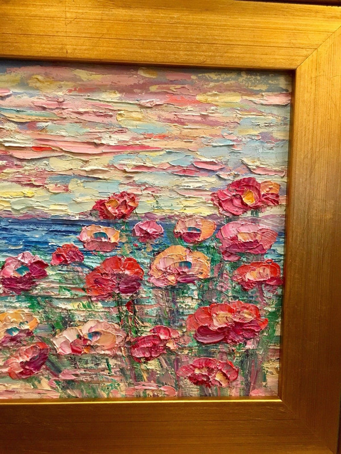 KADLIC Abstract Beach Seascape Original Oil Painting 15x17" Gold Gilt Frame