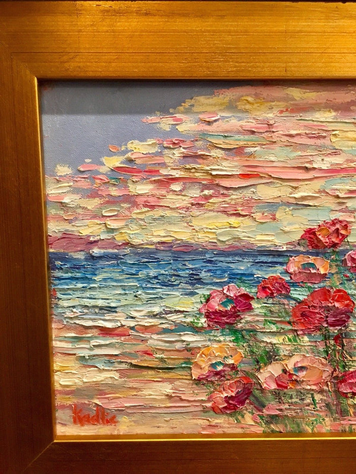 KADLIC Abstract Beach Seascape Original Oil Painting 15x17" Gold Gilt Frame
