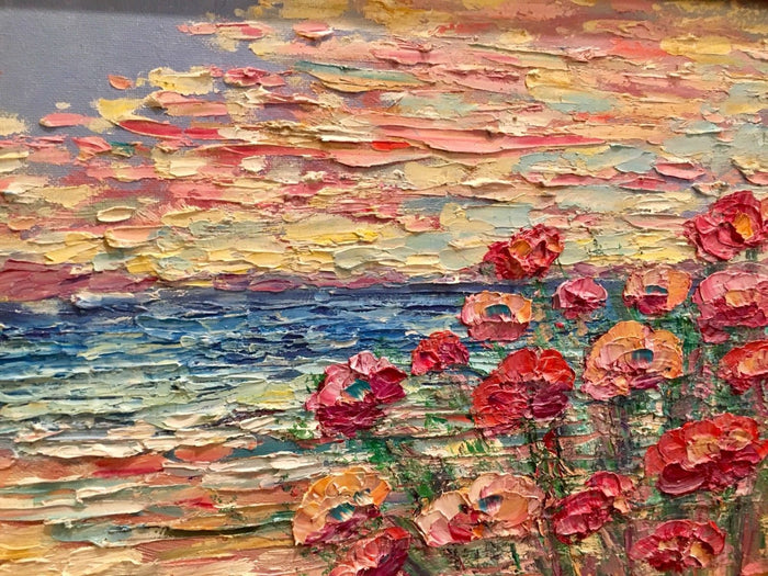 KADLIC Abstract Beach Seascape Original Oil Painting 15x17" Gold Gilt Frame