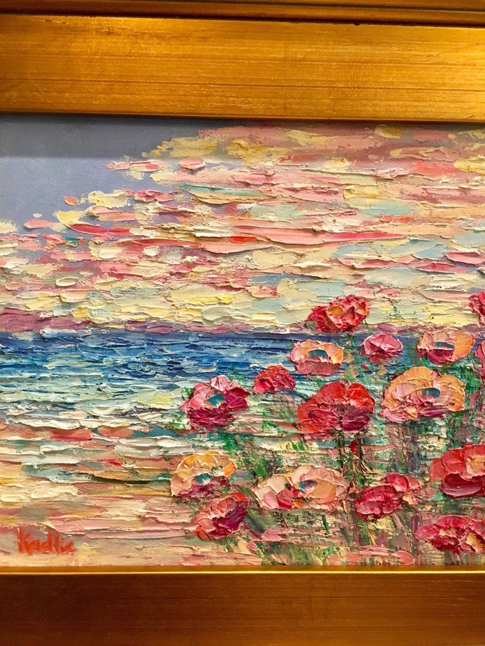 KADLIC Abstract Beach Seascape Original Oil Painting 15x17" Gold Gilt Frame
