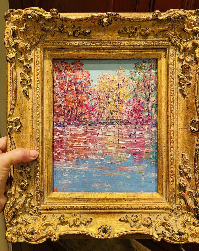 KADLIC Abstract TREES Autumn Fall Landscape Original Oil Painting Gold Frame