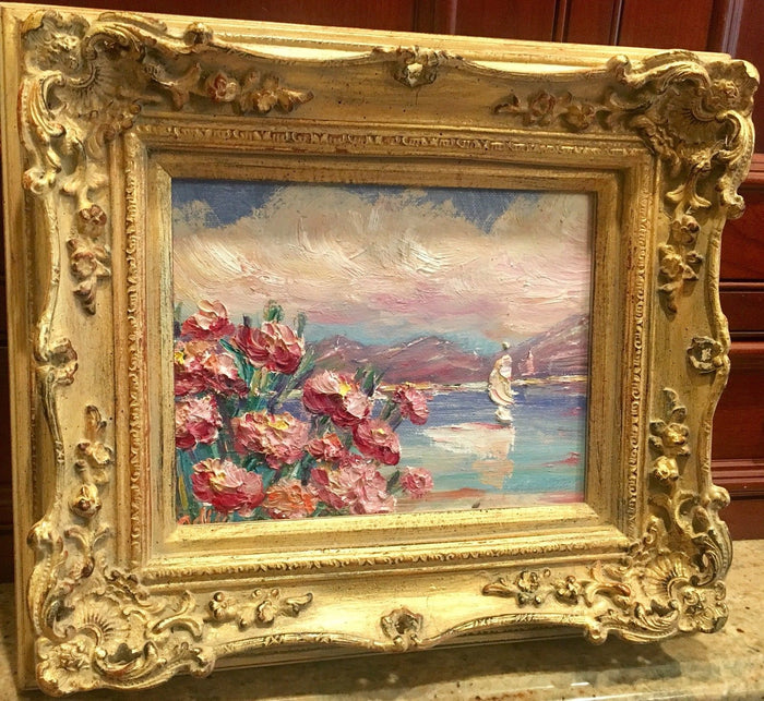 KADLIC Flowers Pink Floral Seascape Sailboats Gilt Wood Frame 8x10”