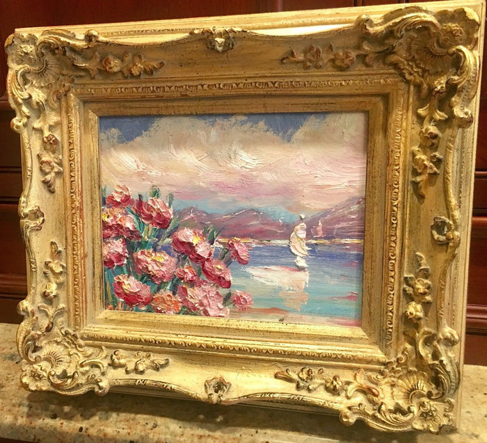 KADLIC Flowers Pink Floral Seascape Sailboats Gilt Wood Frame 8x10”