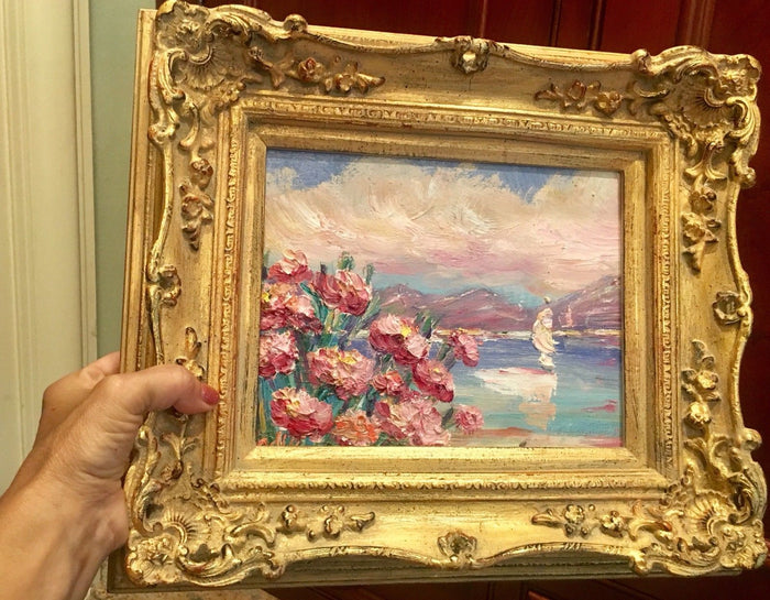 KADLIC Flowers Pink Floral Seascape Sailboats Gilt Wood Frame 8x10”
