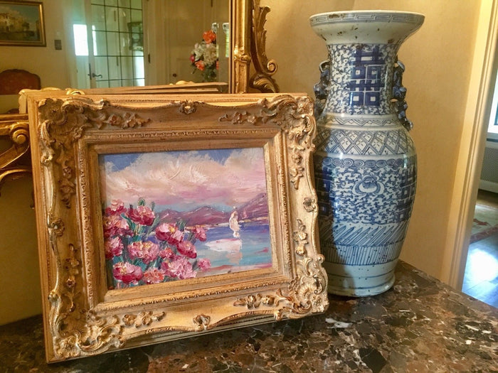 KADLIC Flowers Pink Floral Seascape Sailboats Gilt Wood Frame 8x10”
