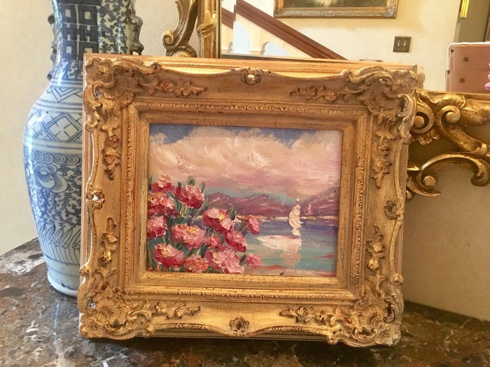 KADLIC Flowers Pink Floral Seascape Sailboats Gilt Wood Frame 8x10”