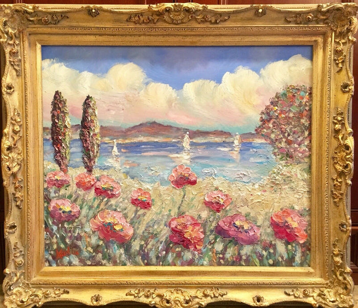 KADLIC Mediterranean Beach Seascape 24"x20 Original Oil Painting Art Gold Frame