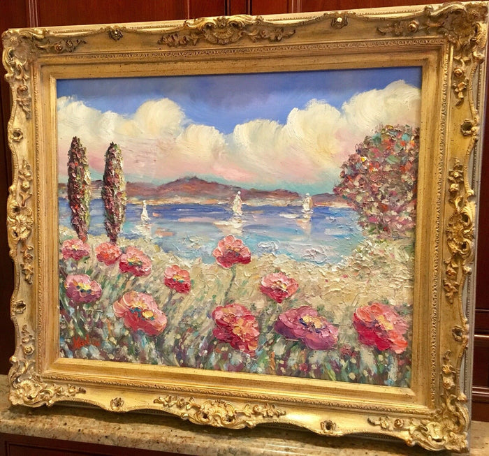 KADLIC Mediterranean Beach Seascape 24"x20 Original Oil Painting Art Gold Frame