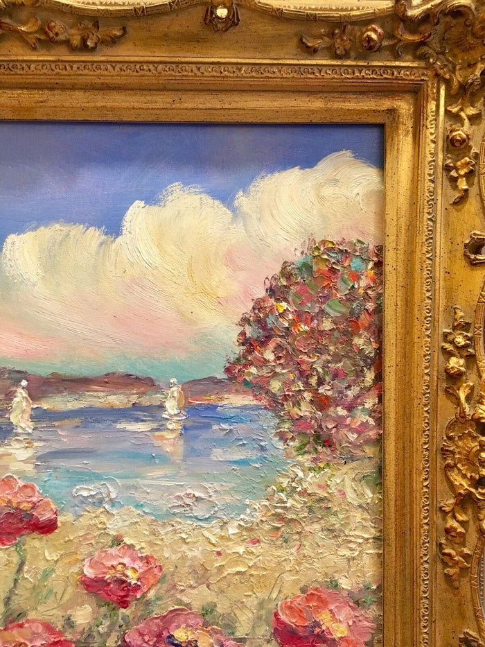 KADLIC Mediterranean Beach Seascape 24"x20 Original Oil Painting Art Gold Frame