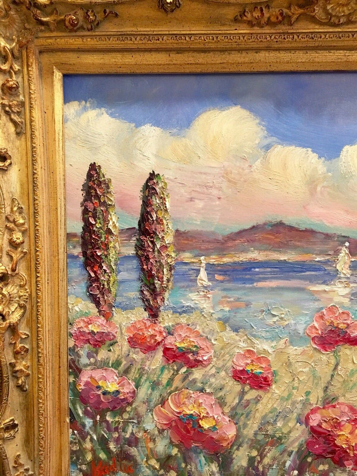 KADLIC Mediterranean Beach Seascape 24"x20 Original Oil Painting Art Gold Frame