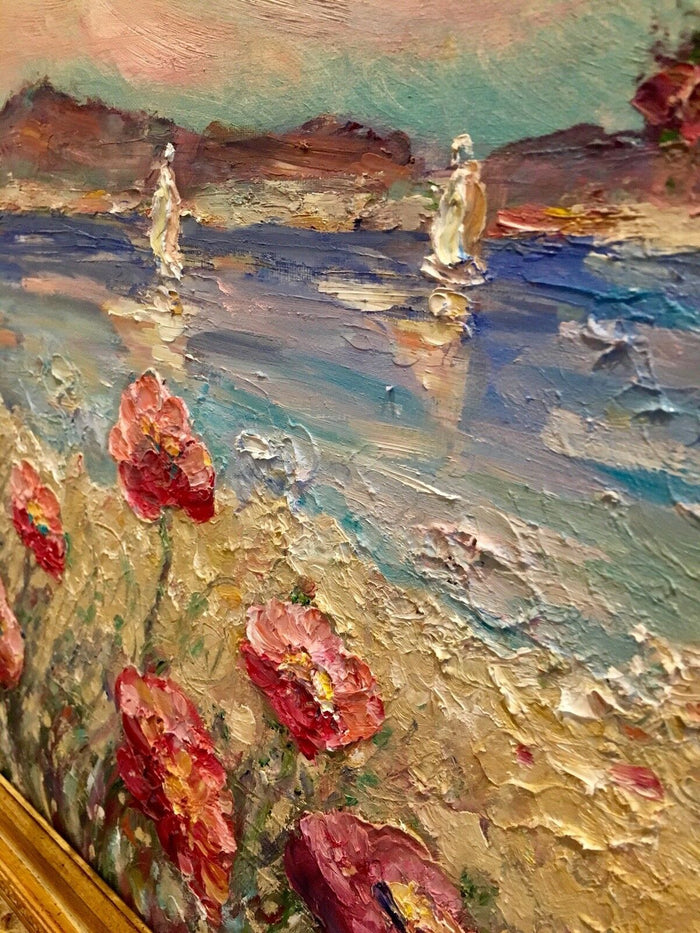 KADLIC Mediterranean Beach Seascape 24"x20 Original Oil Painting Art Gold Frame