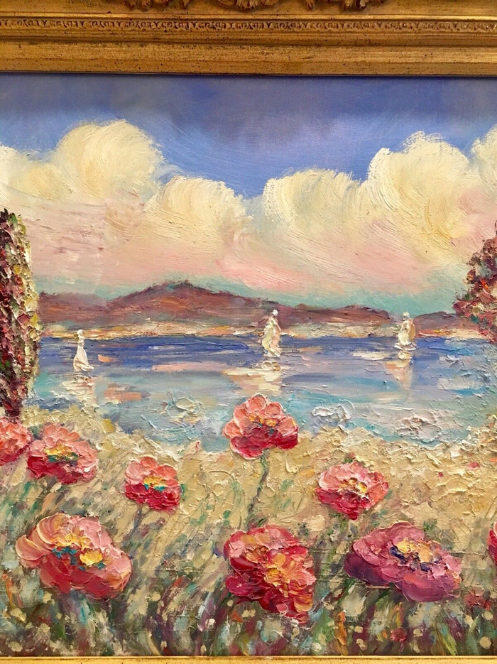 KADLIC Mediterranean Beach Seascape 24"x20 Original Oil Painting Art Gold Frame