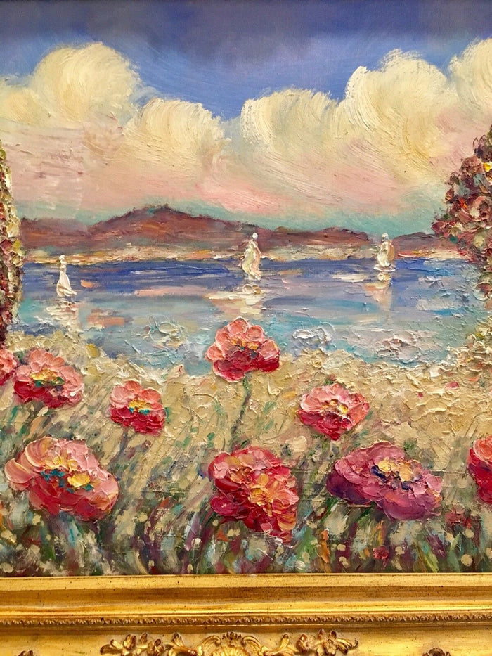 KADLIC Mediterranean Beach Seascape 24"x20 Original Oil Painting Art Gold Frame