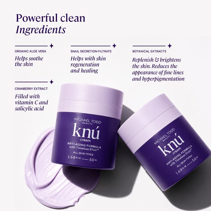 Two jars of Michael Todd Beauty knú anti-aging cream and a lilac texture swatch highlighting key clean ingredients.