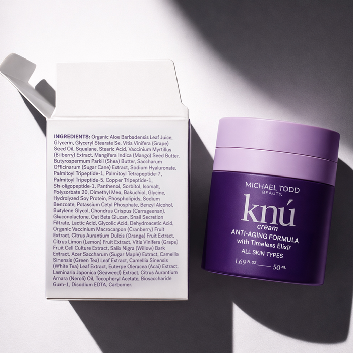 Michael Todd Beauty knú cream jar and its outer packaging box displaying the full ingredient list.