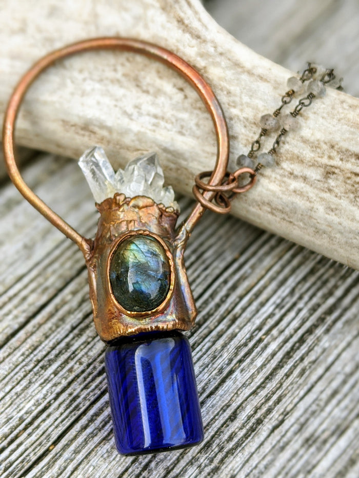 Labradorite Moon Quartz Cluster Copper Electroformed Rollerball Necklace - Minxes' Trinkets