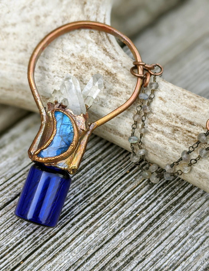 Labradorite Moon Quartz Cluster Copper Electroformed Rollerball Necklace - Minxes' Trinkets