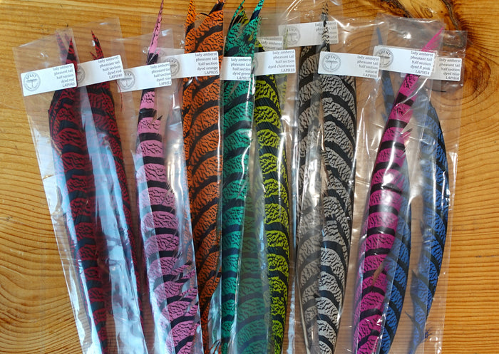 Lady Amherst feather halves by Spent Fly Fishing Products, premium fly tying feathers with vibrant barring and hand-dyed.