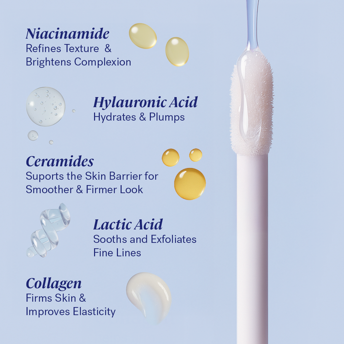 Michael Todd Beauty's Lip Plumping + Hydrating Serum features a cotton swab with glossy liquid containing Niacinamide, Hyaluronic Acid, Ceramides, Lactic Acid, and Collagen, each offering skincare benefits.