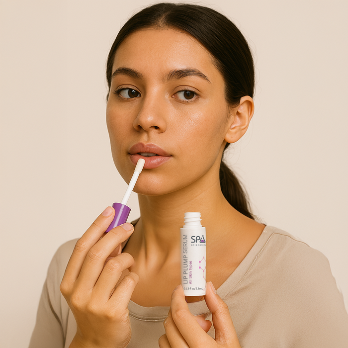 A woman uses an applicator to apply the Lip Plumping + Hydrating Serum while holding the Michael Todd Beauty serum bottle in her other hand.