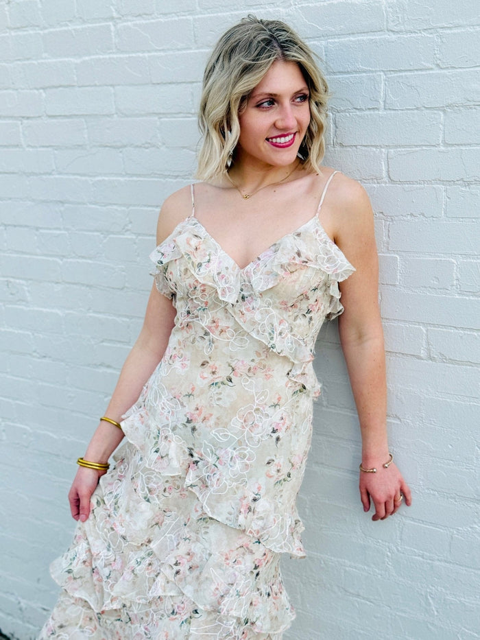 Lulus Bryson Ruffled Embroidered Sequin Maxi Dress In Ivory/Pink - Infinity Raine