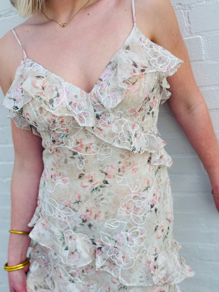 Lulus Bryson Ruffled Embroidered Sequin Maxi Dress In Ivory/Pink - Infinity Raine