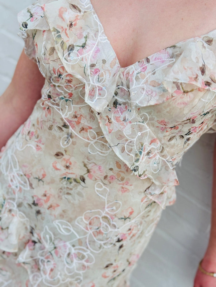 Lulus Bryson Ruffled Embroidered Sequin Maxi Dress In Ivory/Pink - Infinity Raine