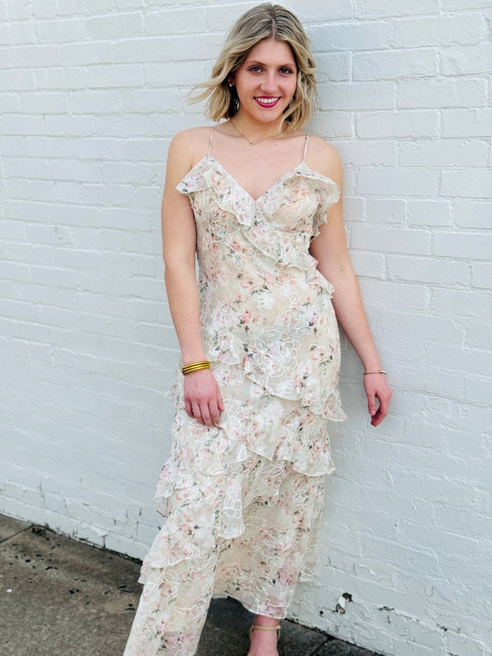 Lulus Bryson Ruffled Embroidered Sequin Maxi Dress In Ivory/Pink - Infinity Raine