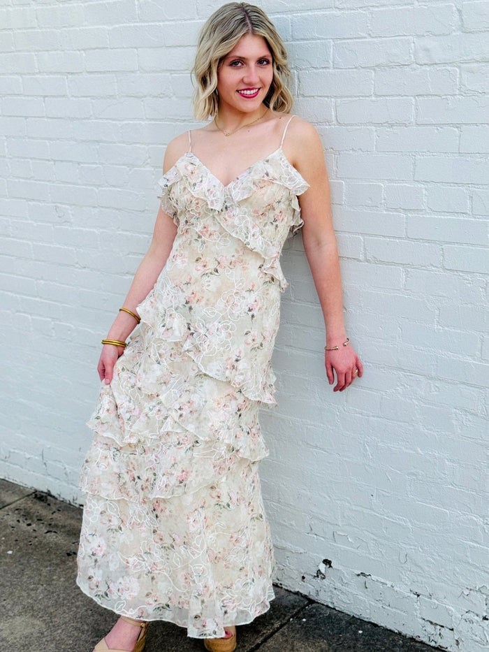 Lulus Bryson Ruffled Embroidered Sequin Maxi Dress In Ivory/Pink - Infinity Raine