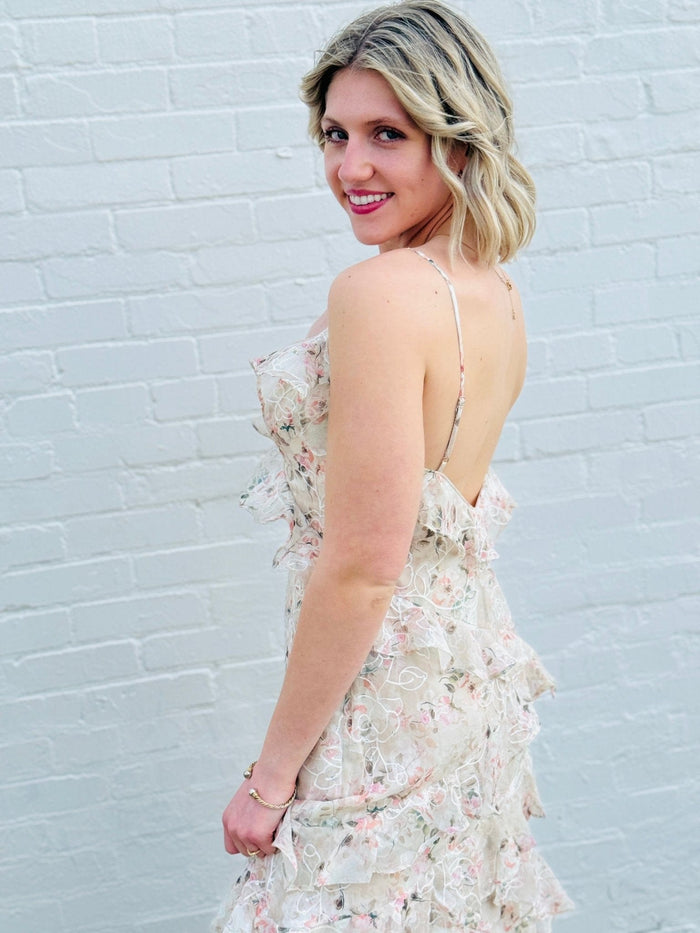 Lulus Bryson Ruffled Embroidered Sequin Maxi Dress In Ivory/Pink - Infinity Raine