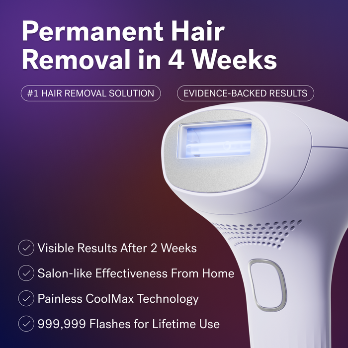Lavender Lust - Close-up of a Lumos IPL device by Michael Todd Beauty with a text overlay stating "Permanent Hair Removal in 4 Weeks," highlighting features such as "Visible Results After 2 Weeks" and "999,999 Flashes for Lifetime Use." Experience convenient at-home hair removal with IPL therapy for long-lasting smooth skin.