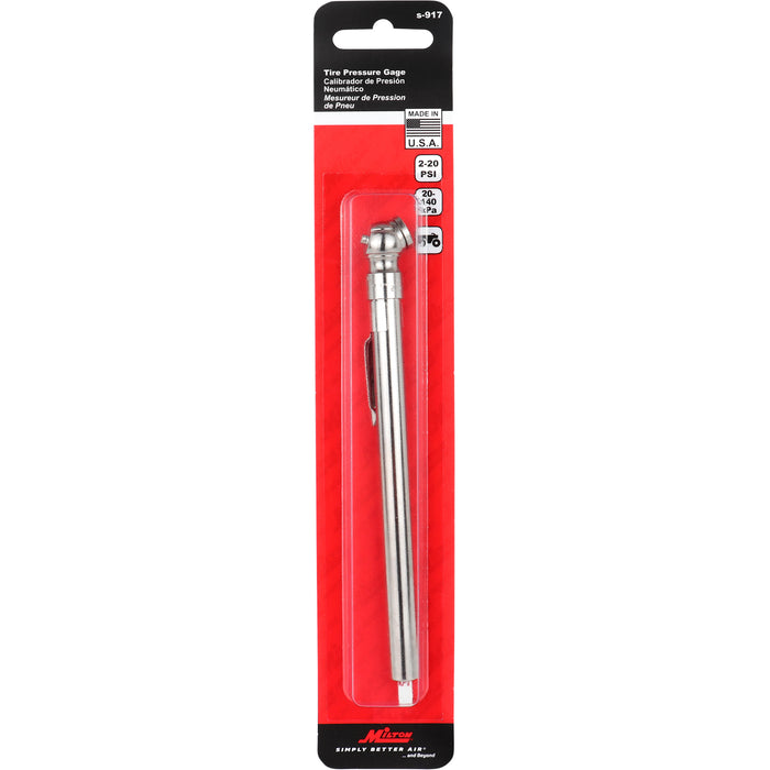 Milton® Heavy Duty, Tire Pencil Gauge, 2-20 PSI, Single Head Air Chuck, Brass Tubing, Corrosion Resistant