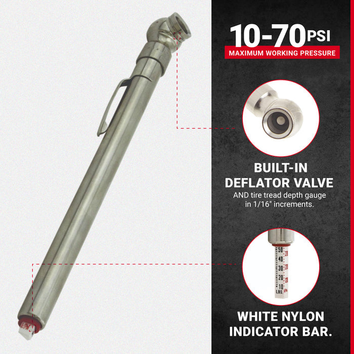 Milton® Heavy Duty, Tire & Tread Pencil Gauge, 10-70 PSI, Single Head Air Chuck, Brass Tubing, Corrosion Resistant