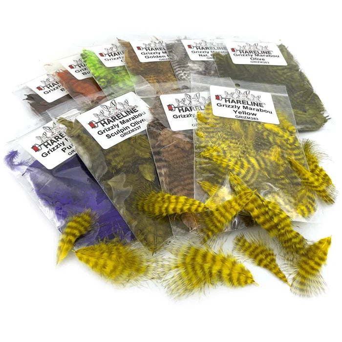 Natural Grizzly Mini Marabou by Hareline – fine, barred marabou feathers that add lifelike movement and contrast to streamers, nymphs, and soft hackle flies.