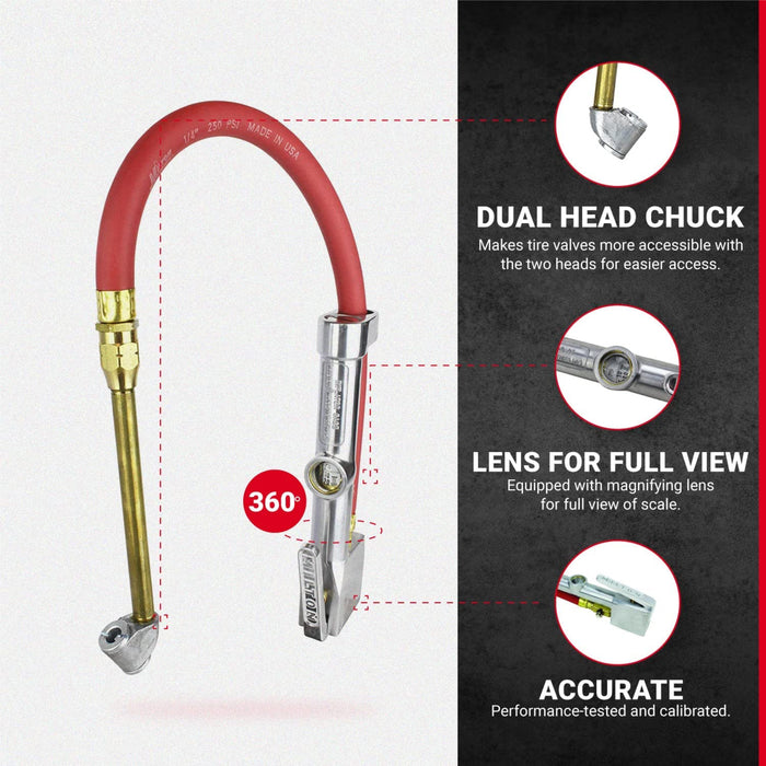 NEW & IMPROVED - Milton® Tire Inflator Gauge with Dual Head Air Chuck 15” Air Hose 10-160 PSI