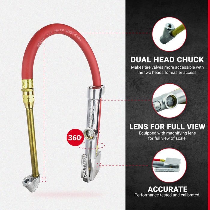 NEW & IMPROVED - Milton® Tire Inflator Gauge with Dual Head Straight Foot Air Chuck 15” Air Hose 10-160 PSI