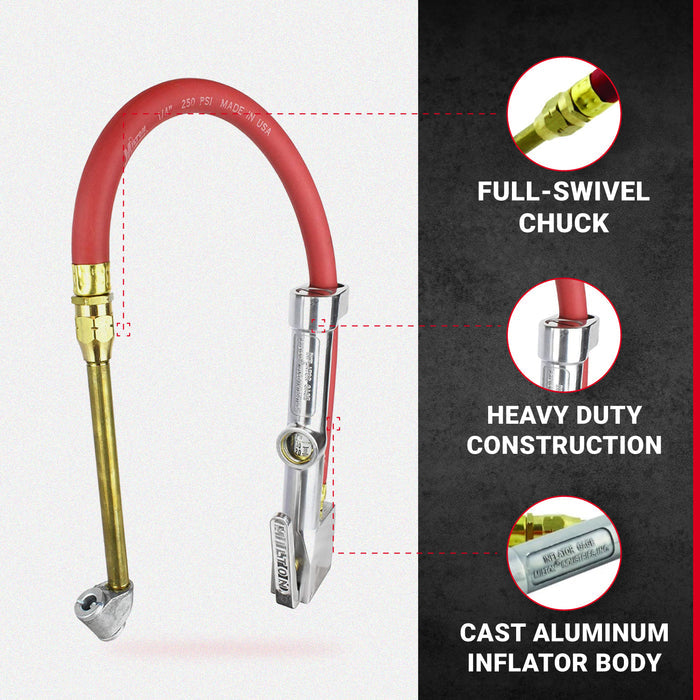 NEW & IMPROVED - Milton® Tire Inflator Gauge with Dual Head Straight Foot Air Chuck 15” Air Hose 10-160 PSI