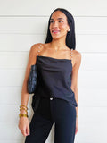 Pearl Chain Strap Satin Cowl Neck Cami Top In Black - Infinity Raine