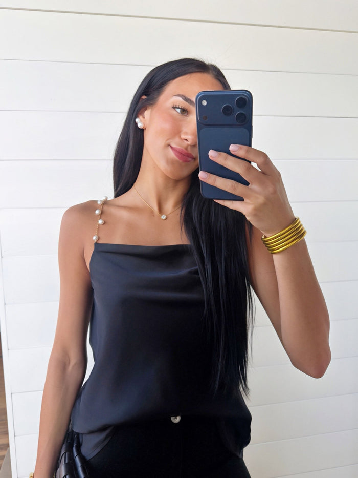 Pearl Chain Strap Satin Cowl Neck Cami Top In Black - Infinity Raine
