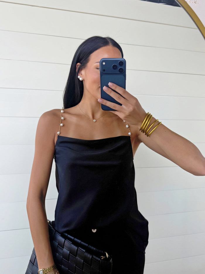 Pearl Chain Strap Satin Cowl Neck Cami Top In Black - Infinity Raine